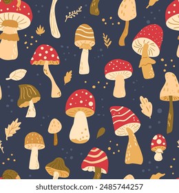 Inedible mushrooms seamless pattern. Toadstool and fly agaric repeat background. Vector hand drawn illustration.