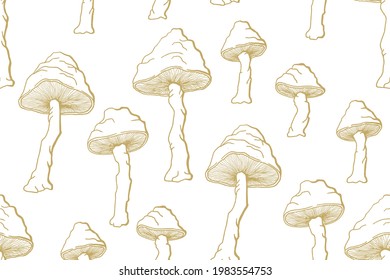 Inedible mushrooms vector seamless pattern. Poisonous toadstool fairy inedible mushrooms collection in hand drawn style. White toadstool, fly agaric or amanita isolated vector illustration.