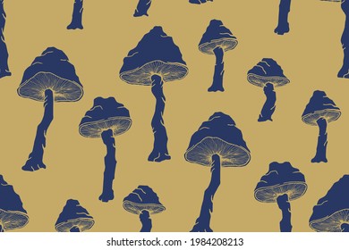 Inedible mushrooms vector seamless pattern. Poisonous toadstool fairy inedible mushrooms collection in hand drawn style. White toadstool, fly agaric or amanita isolated vector illustration.