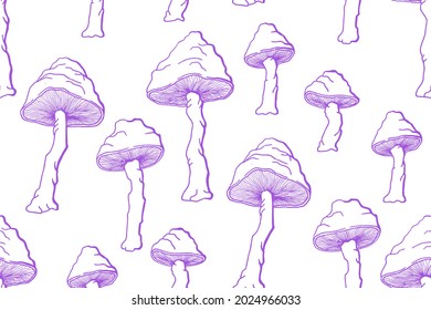Inedible mushrooms vector seamless pattern. Poisonous toadstool fairy inedible mushrooms collection in hand drawn style. White toadstool, fly agaric or amanita isolated vector illustration.