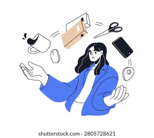 Ineffective multitasking concept. Unfocused unproductive employee. Disorganized lost office worker with uncontrolled work tasks, chaos, disorder. Flat vector illustration isolated on white background