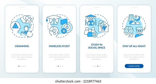 Ineffective ways to study blue onboarding mobile app screen. Walkthrough 4 steps editable graphic instructions with linear concepts. UI, UX, GUI template. Myriad Pro-Bold, Regular fonts used