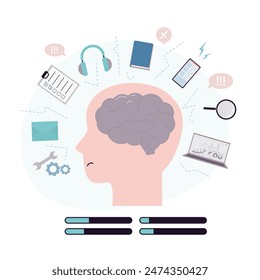 Ineffectiveness of performing several tasks simultaneously. Unproductive multitasking, difficulty working on different tasks at same time. Overloaded brain cannot cope with multitasking. Burnout.