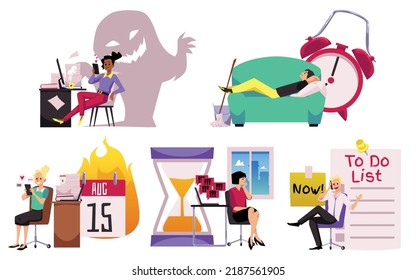 Inefficient and lazy office staff character set, flat vector illustration isolated on white background. Deadline breaking and the problem of procrastination at workplace.