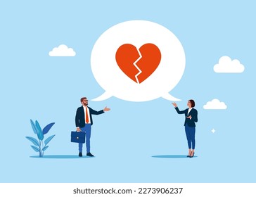 Inefficient love and no trust. Business people and colleagues ideas are not the same. Flat vector illustration