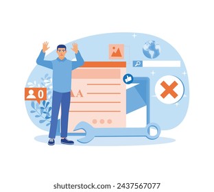 Inefficient SEO optimization. Male bloggers make blog promotion mistakes in social media advertising. Blog Promotion concept. Flat vector illustration.