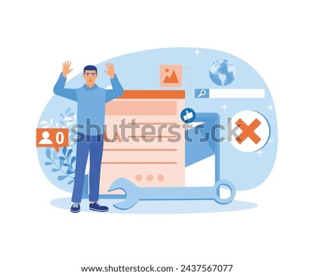 Inefficient SEO optimization. Male bloggers make blog promotion mistakes in social media advertising. Blog Promotion concept. Flat vector illustration.