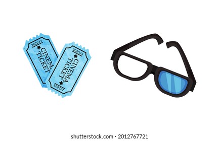 inematography as Motion-picture and Film Symbols with Tickets and 3D Glasses Vector Set