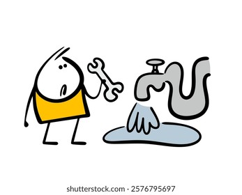 Inept craftsman holds a tool in his hand and looks in horror at a broken faucet in the bathroom. Vector illustration of a plumber who came to fix pipes. The flood in the house.  Isolated caricature.