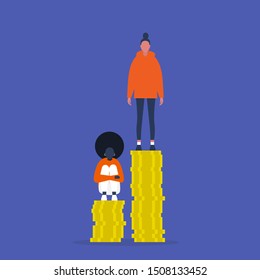 Inequality. Characters sitting and standing on the stacks of coins. Different salaries. Career opportunities. Discrimination. Rasism