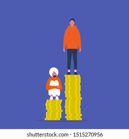 Inequality. Characters sitting and standing on the stacks of coins. Different salaries. Career opportunities. Discrimination. Racism
