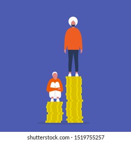 Inequality. Characters sitting and standing on the stacks of coins. Different salaries. Career opportunities. Discrimination.