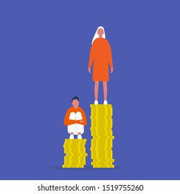 Inequality. Characters sitting and standing on the stacks of coins. Different salaries. Career opportunities. Discrimination
