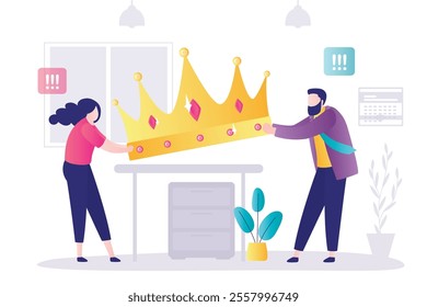 Inequality leadership man and woman, issue about gender diversification. Colleagues fighting by pulling golden crown, job promotion position. Facilitate personal interests. Family conflict. Gender gap