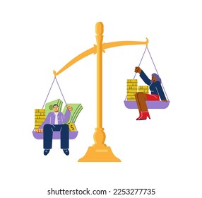 Inequality of salary for men and women, scales as symbol of gender inequality, flat vector illustration isolated. Discrimination against women in the workplace, abstract drawing.