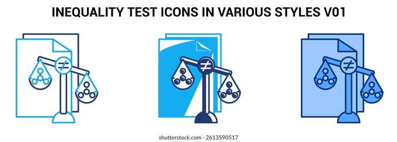 Inequality Test icon represented by paper, unbalanced scales, particles Blue, Dualline, Dualtone style.