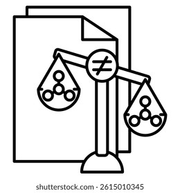 Inequality Test icon represented by paper, unbalanced scales, particles Line style.