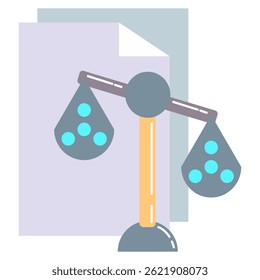 Icono de prueba de desigualdad representado por papel, escalas desequilibradas, partículas de estilo plano.