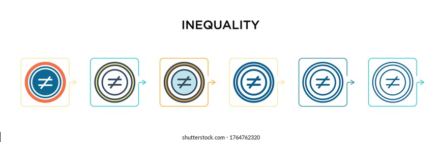 Inequality vector icon in 6 different modern styles. Black, two colored inequality icons designed in filled, outline, line and stroke style. Vector illustration can be used for web, mobile, ui