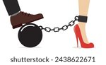 Inequality, violence against women. Man leg holds heavy ball with chain to which woman is chained. Discrimination, violation of human rights, slavery, misogyny. flat vector illustration