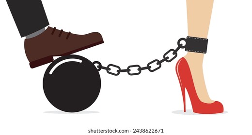 Inequality, violence against women. Man leg holds heavy ball with chain to which woman is chained. Discrimination, violation of human rights, slavery, misogyny. flat vector illustration