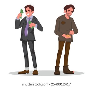 Inequality in wealth. Rich man and poor man. Cartoon style vector illustration.