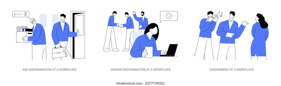 La desigualdad en el lugar de trabajo abstract concepto ilustración vectorial set. Discriminación por edad y género en el lugar de trabajo, acoso en el trabajo, igualdad de los empleados y oportunidades en la metáfora abstracta de la empresa.