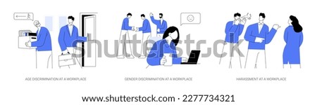 Inequality at workplace abstract concept vector illustration set. Age and gender discrimination at a workplace, harassment at work, employees equality and opportunities in company abstract metaphor.