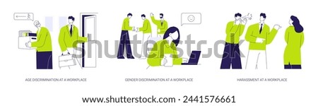 Inequality at workplace abstract concept vector illustration set. Age and gender discrimination at a workplace, harassment at work, employees equality and opportunities in company abstract metaphor.