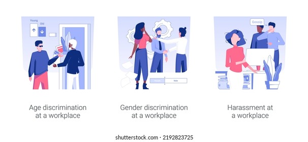 Inequality At Workplace Isolated Concept Vector Illustration Set. Age And Gender Discrimination At A Workplace, Harassment At Work, Employees Equality And Opportunities In Company Vector Cartoon.