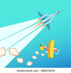 Inequitable race between aircraft. Retro airplane against modern airplane. Colored retro classic biplane and jet plane with three engines (trijet). Unequal opportunities. Leader and loser.