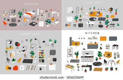 Ineriors sets. Stylish comfy furniture and modern home decorations in trendy Scandinavian or hygge style. Cozy Interior furnished home plants for sleeping. Flat cartoon vector illustration