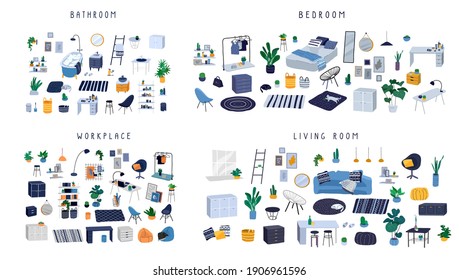 Ineriors sets. Stylish comfy furniture and modern home decorations in trendy Scandinavian or hygge style. Cozy Interior furnished home plants for sleeping. Flat cartoon vector illustration