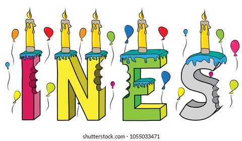 Ines female first name bitten colorful 3d lettering birthday cake with candles and balloons.