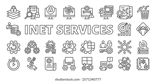 Inet services, icon in line design. Inet, services, internet, connectivity, online, network, technology on white background vector. Inet services editable stroke icons