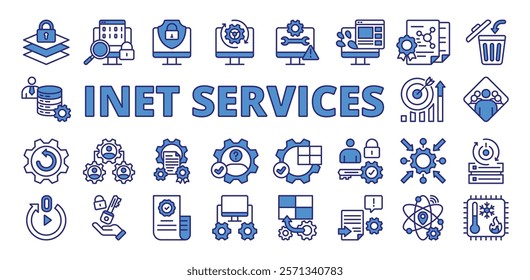 Inet services, icon in line design blue. Inet, services, internet, connectivity, online, network, technology on white background vector. Inet services editable stroke icons