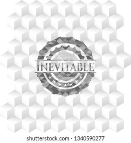 Inevitable grey badge with geometric cube white background