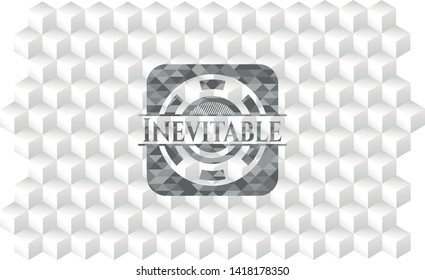 Inevitable retro style grey emblem with geometric cube white background