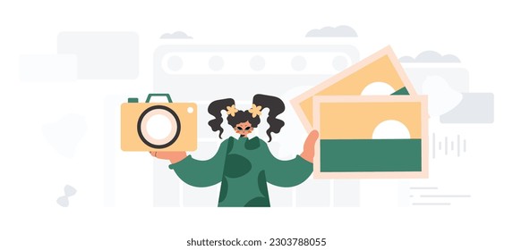 The inexhaustible lady holds a camera and photographs in his hands. The concept of rest and travel. Trendy style, Vector Illustration