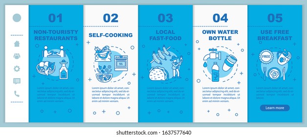 Inexpensive Eating Options Onboarding Vector Template. Non Touristy Restaurants, Self Cooking And Fast Food. Responsive Mobile Website With Icons. Webpage Walkthrough Step Screens. RGB Color Concept