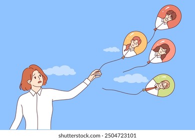 Inexperienced business woman misses out on good employees drawn on balloons. Concept of problem of losing employees after bad decisions by businesswoman working as recruiting manager