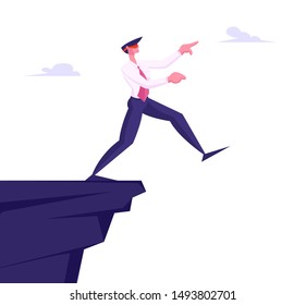 Inexperienced Weak or Foolish Businessman Take Step Blindfolded on Edge of Abyss. Crisis Management, Bankruptcy and Dept Concept, Business Man in Dangerous Situation. Cartoon Flat Vector Illustration