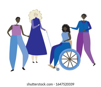 Infalid wheelchair and blind albino with depigmented skin and African American friends in society. Flat vector stock illustration as a concept of inclusiveness. People isolated on a white background