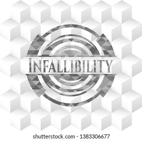 Infallibility realistic grey emblem with geometric cube white background