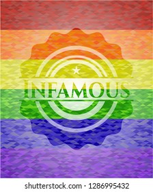 Infamous emblem on mosaic background with the colors of the LGBT flag