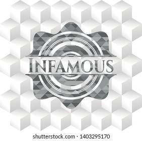 Infamous grey emblem. Retro with geometric cube white background