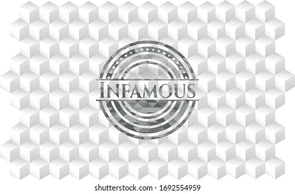 Infamous grey emblem. Retro with geometric cube white background. 