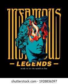 infamous legends slogan print design with ancient greek sculpture illustration