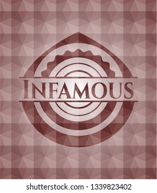 Infamous red seamless emblem or badge with abstract geometric pattern background.