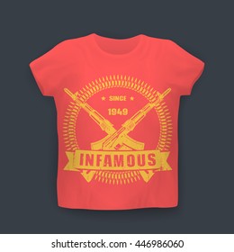 infamous since 1949, print with assault rifles, guns, t-shirt design on mockup in colors of soviet flag, vector illustration